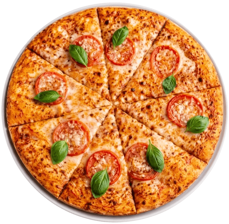 A margherita pizza seen from above: melted mozzarella, tomato rounds and basil leaves